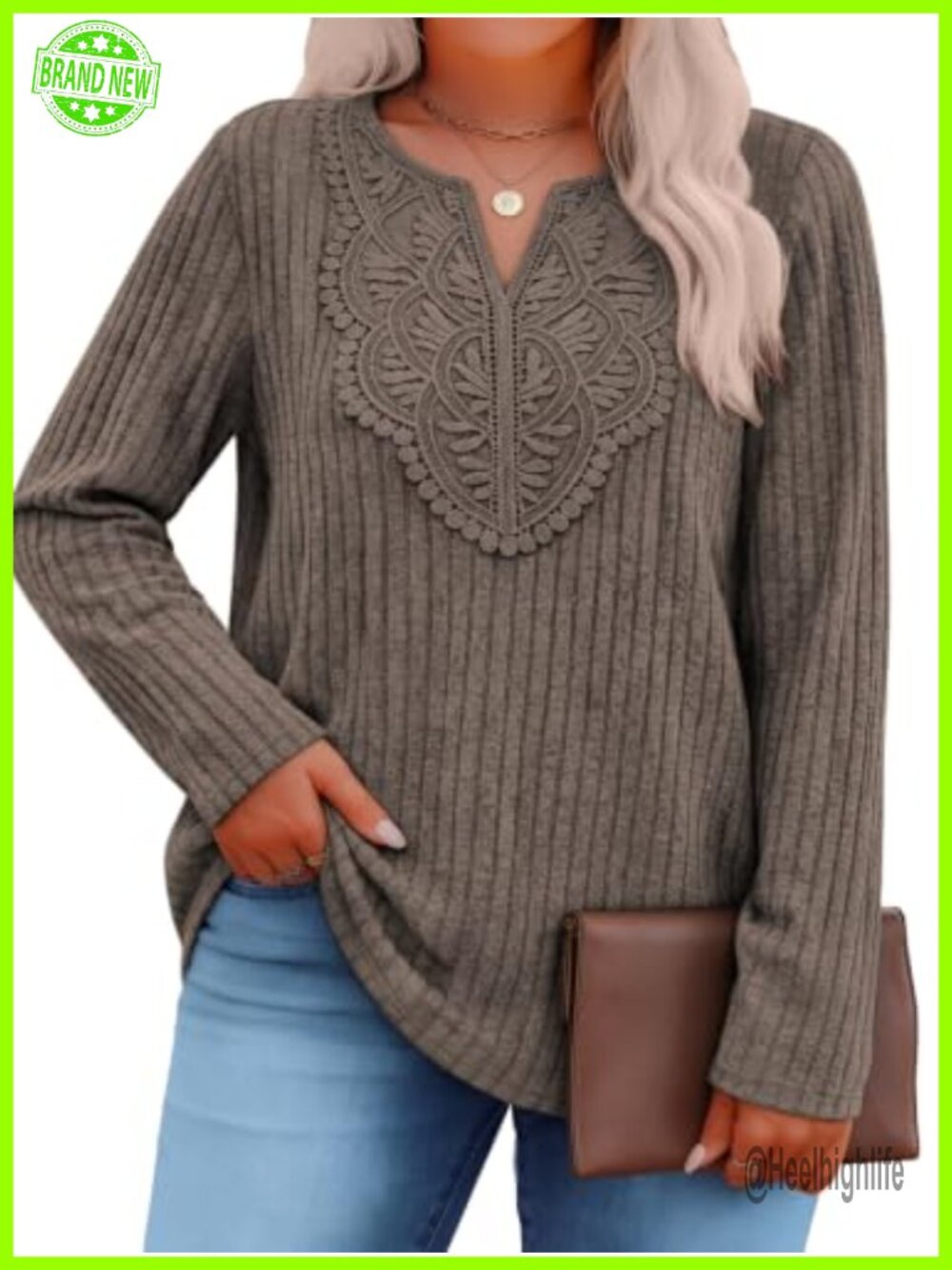 Plus Size Boho Lace V Neck Long Sleeve Sweater Tunic Top